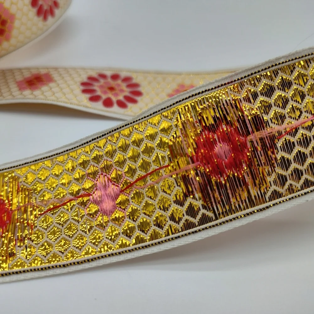 Metallic Jacquard Floral Ribbon Ivory Gold Pink Red Two (2) Yards 1.5”